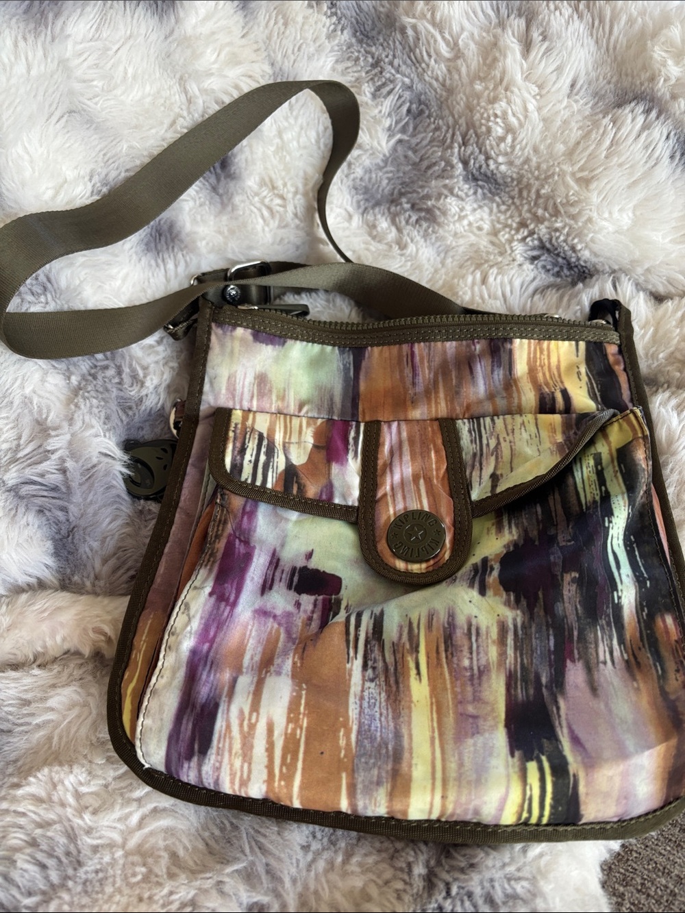 Kipling Multicolor Brushstroke Crossbody with Olive Strap